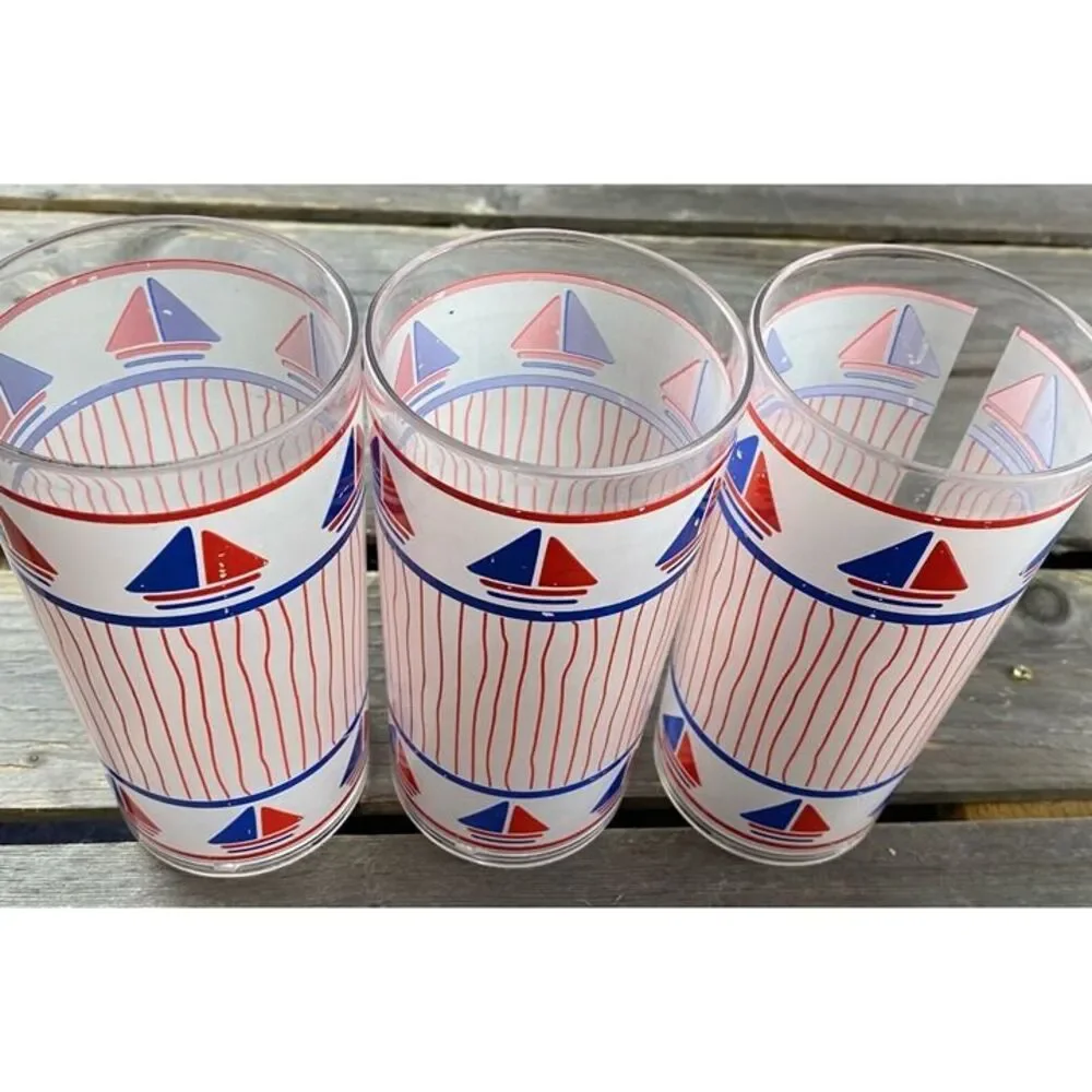 Lot Of 3 Vintage Thermo-Serve Sailboat Tumblers Red White Blue